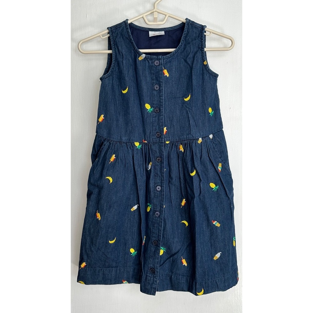 Hanna Andersson Size 130 Denim Fruit Posicle Ice Cream Embroidered Dress Buttons